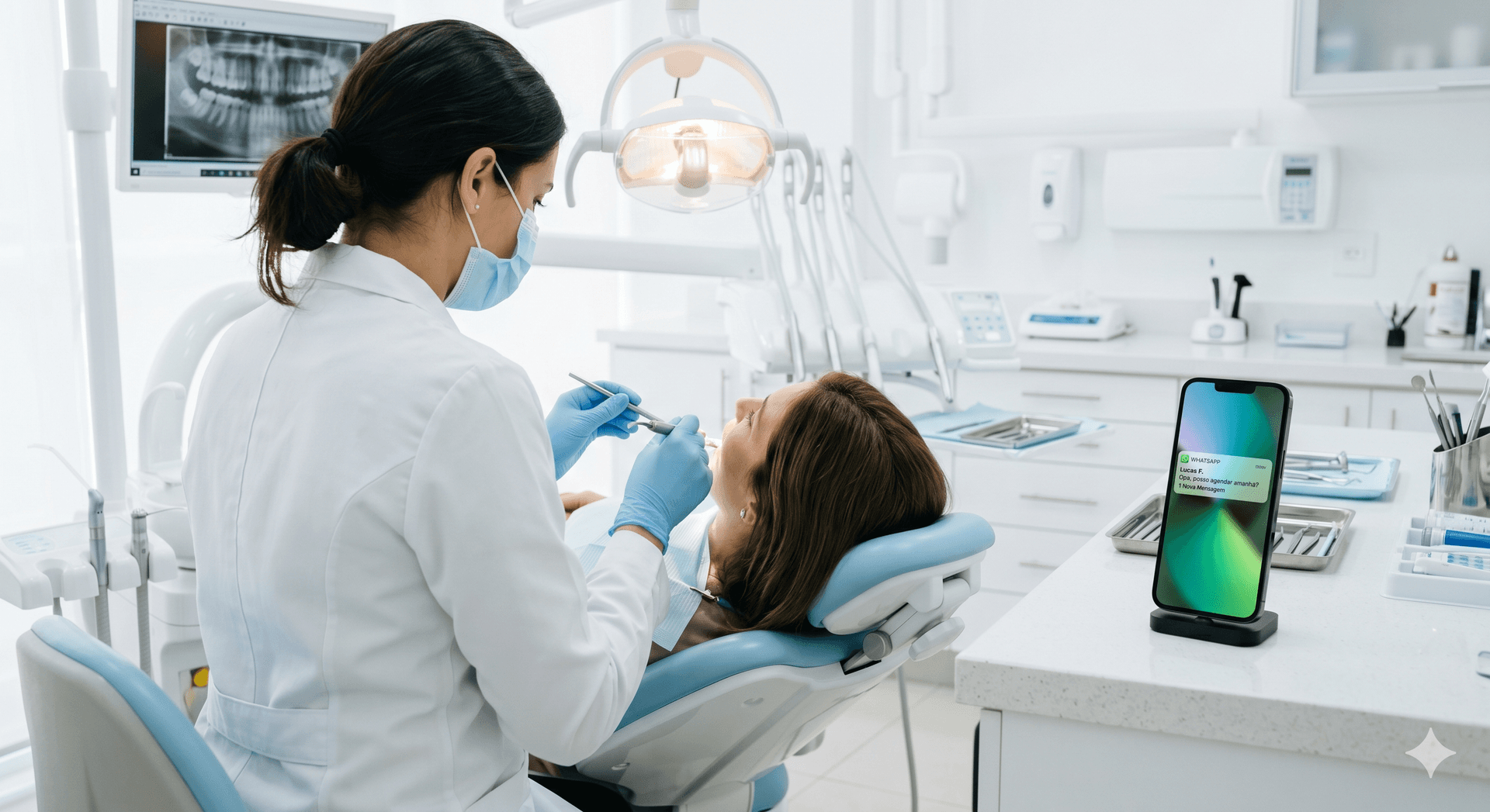 Dentista consultando enquanto Agda agenda